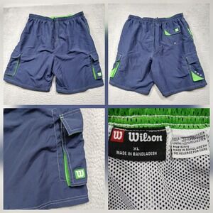 Wilson Cargo Shorts Mens XL Navy Blue Lime Green Athletic Performance Mesh Lined